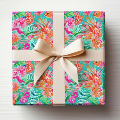 Vibrant Floral Gift Wrap with Elegant Cream Bow