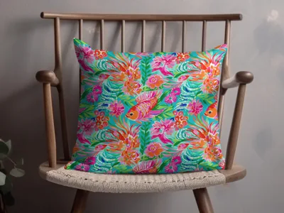 Vibrant Floral And Fish Design Throw Pillow