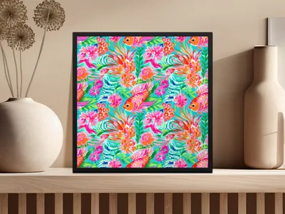 Vibrant Tropical Fish and Floral Pattern Wall Art Decor