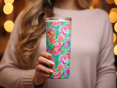 Colorful Floral and Fish Pattern Insulated Tumbler