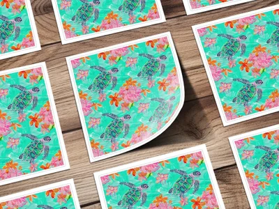 Turtle Seamless Pattern Digital, Tropical Flowers, 12x12 JPEG, Repeat Pattern, Fabric Design, Digital Paper Pack, Sea Turtle Design - Moore and Mountain