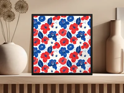 Vibrant Red and Blue Floral Pattern Wall Art Product