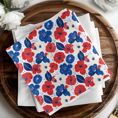 Red and Blue Floral Design on White Napkin Product