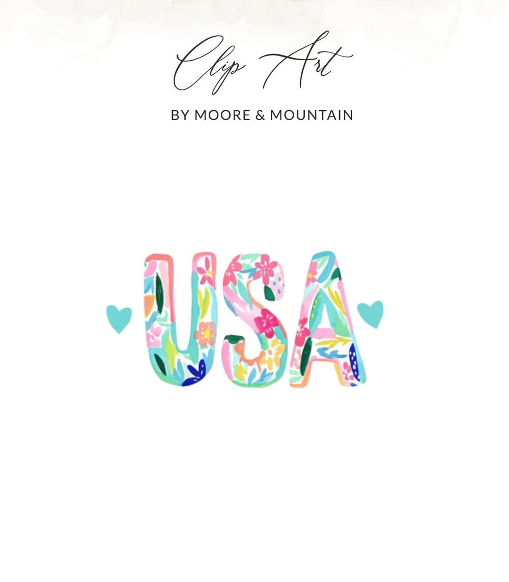 "USA" in colorful floral font with blue hearts on white background.