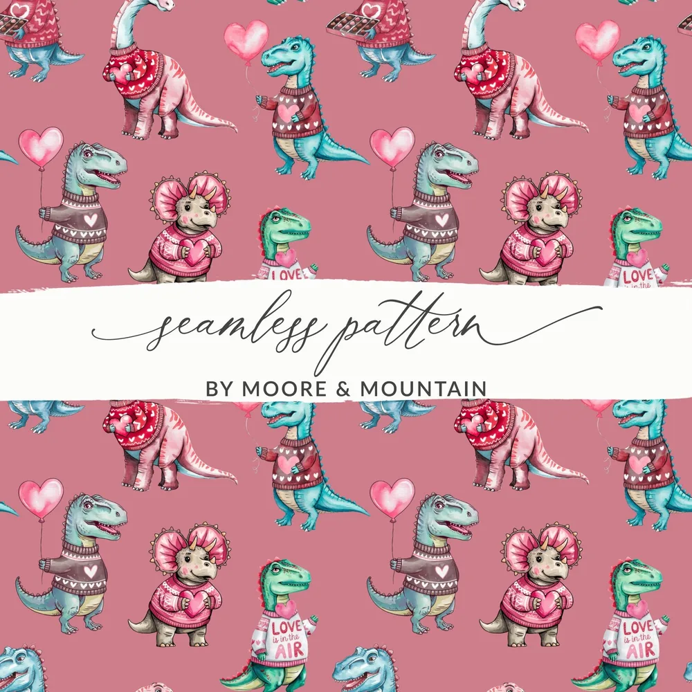 Valentine Dinosaur Seamless Pattern, Cute Dino Digital Paper, Kids Fabric Design, Love Heart Patterns, Reptile Clipart, Digital Download - Moore and Mountain