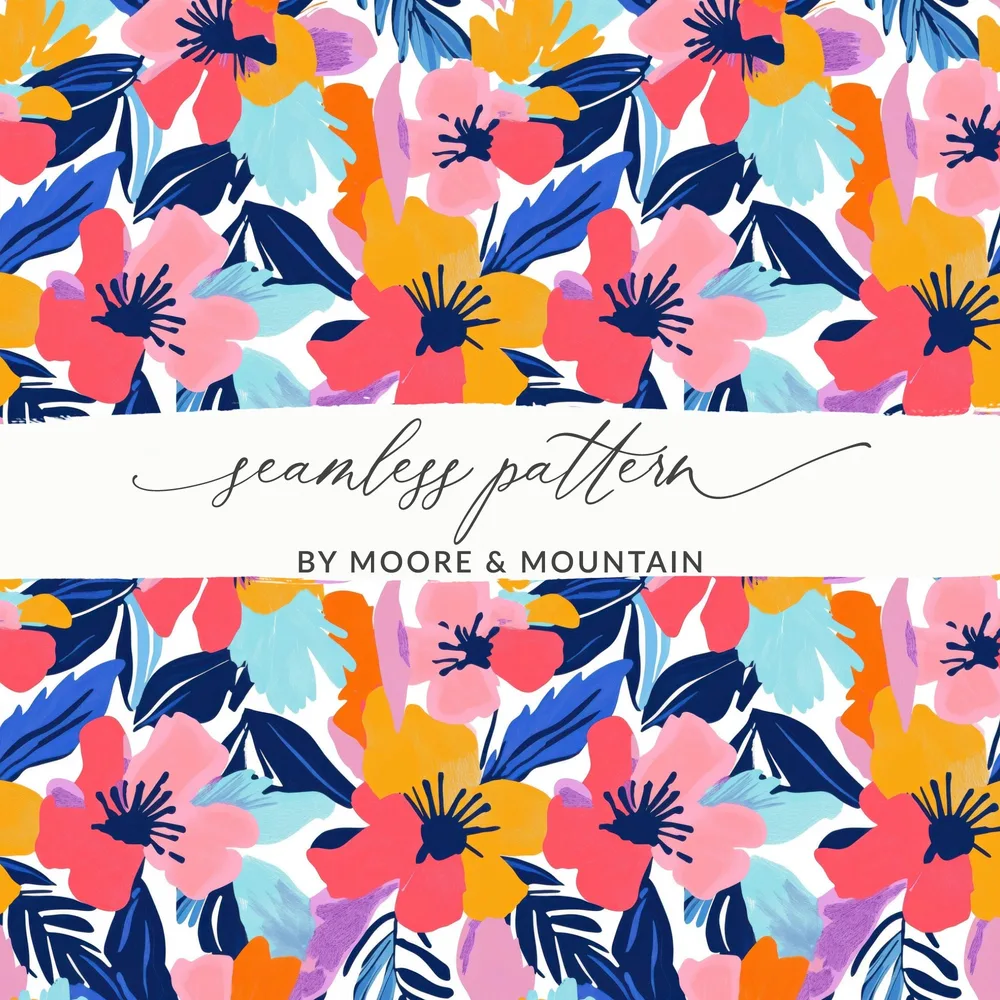 Seamless floral pattern with pink, orange, blue, and purple flowers and leaves.