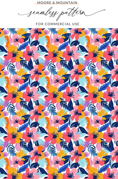 Seamless floral pattern with pink, orange, blue, and purple flowers on white.