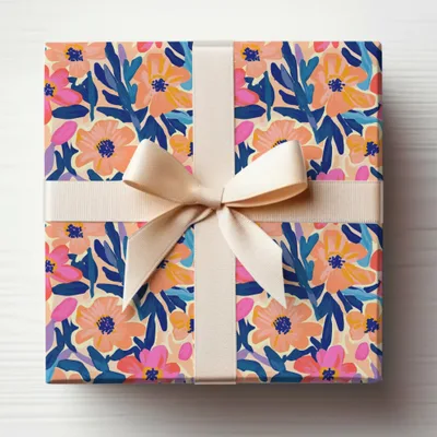 Gift box with cream ribbon, featuring a floral pattern of pink, coral, and blue shapes.