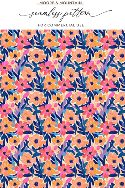 Seamless pattern with coral and blue flowers and leaves on cream background.