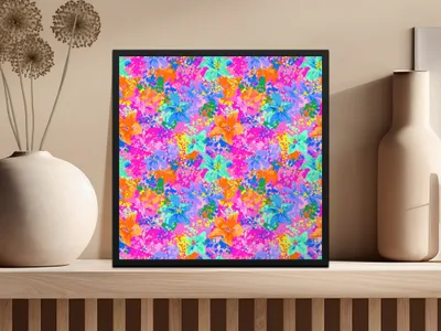 Framed artwork with vibrant, abstract floral pattern in pink, blue, and orange.