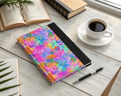 Colorful floral journal with black spine, coffee cup, and pen on a wooden desk.