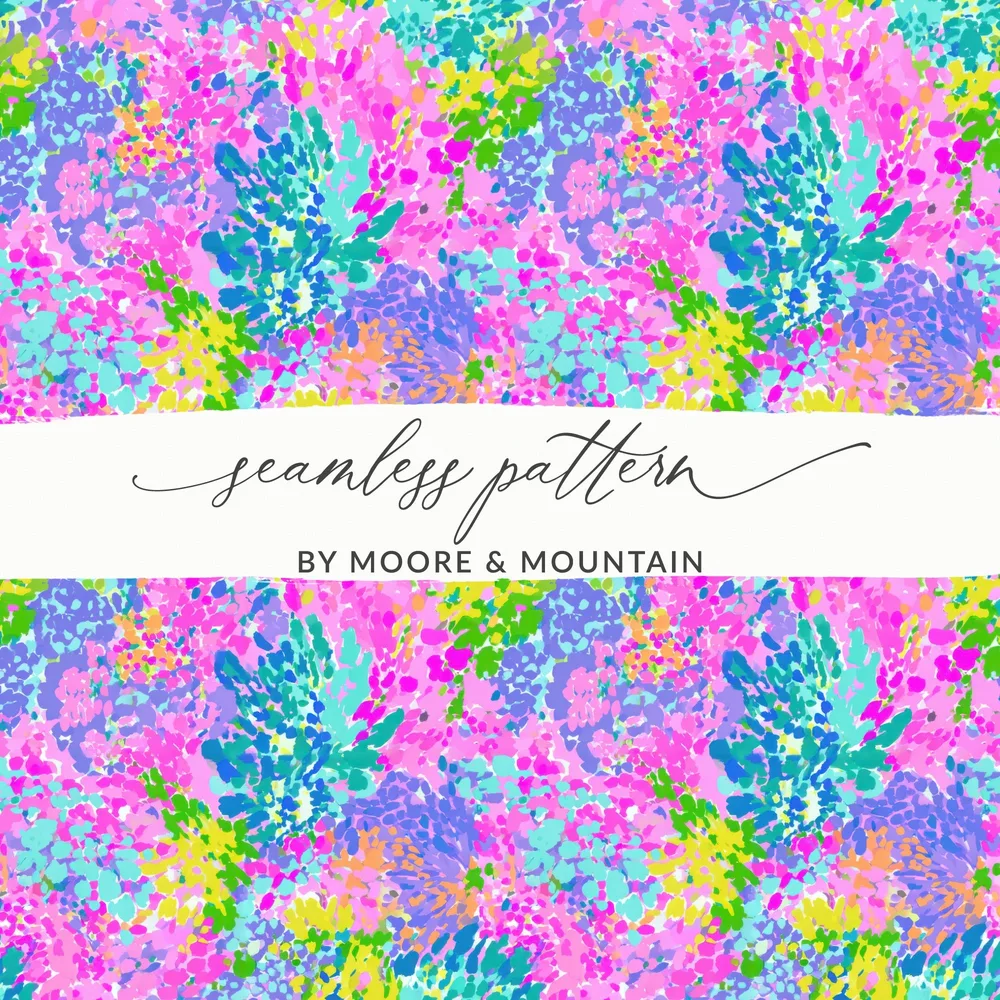 Seamless pattern with colorful abstract brushstrokes and text "SEAMLESS PATTERN BY MOORE & MOUNTAIN".