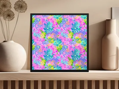 Colorful abstract floral pattern on framed canvas art.