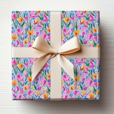 Colorful Floral Pattern Gift Wrap with Ribbon