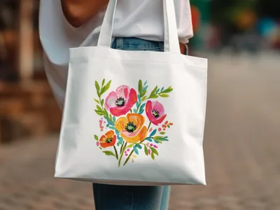 White tote bag with a colorful floral bouquet design.