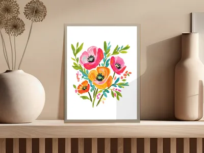 Colorful watercolor floral painting of poppies and other flowers in a framed art print.
