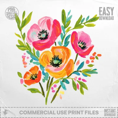 Watercolor floral illustration with pink and orange flowers and green leaves.