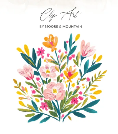 Vibrant Floral Bouquet Digital Art, Colorful Whimsical Flower Illustration, Instant Download Botanical Print, Pink Yellow Orange Teal