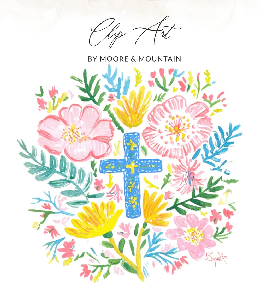Floral wreath with a blue cross, featuring text "Clip Art" and "BY MOORE & MOUNTAIN".