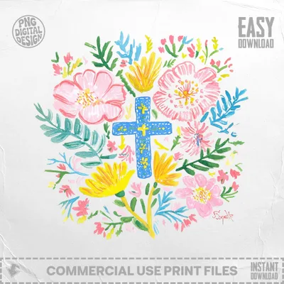 Blue cross surrounded by colorful flowers and leaves, easy download text.