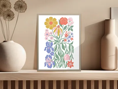 Colorful floral illustration on light background with vase and decor.