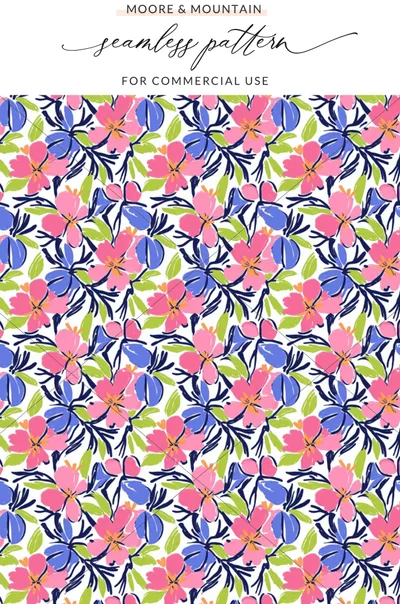 Floral pattern with pink, blue, and green flowers and leaves.