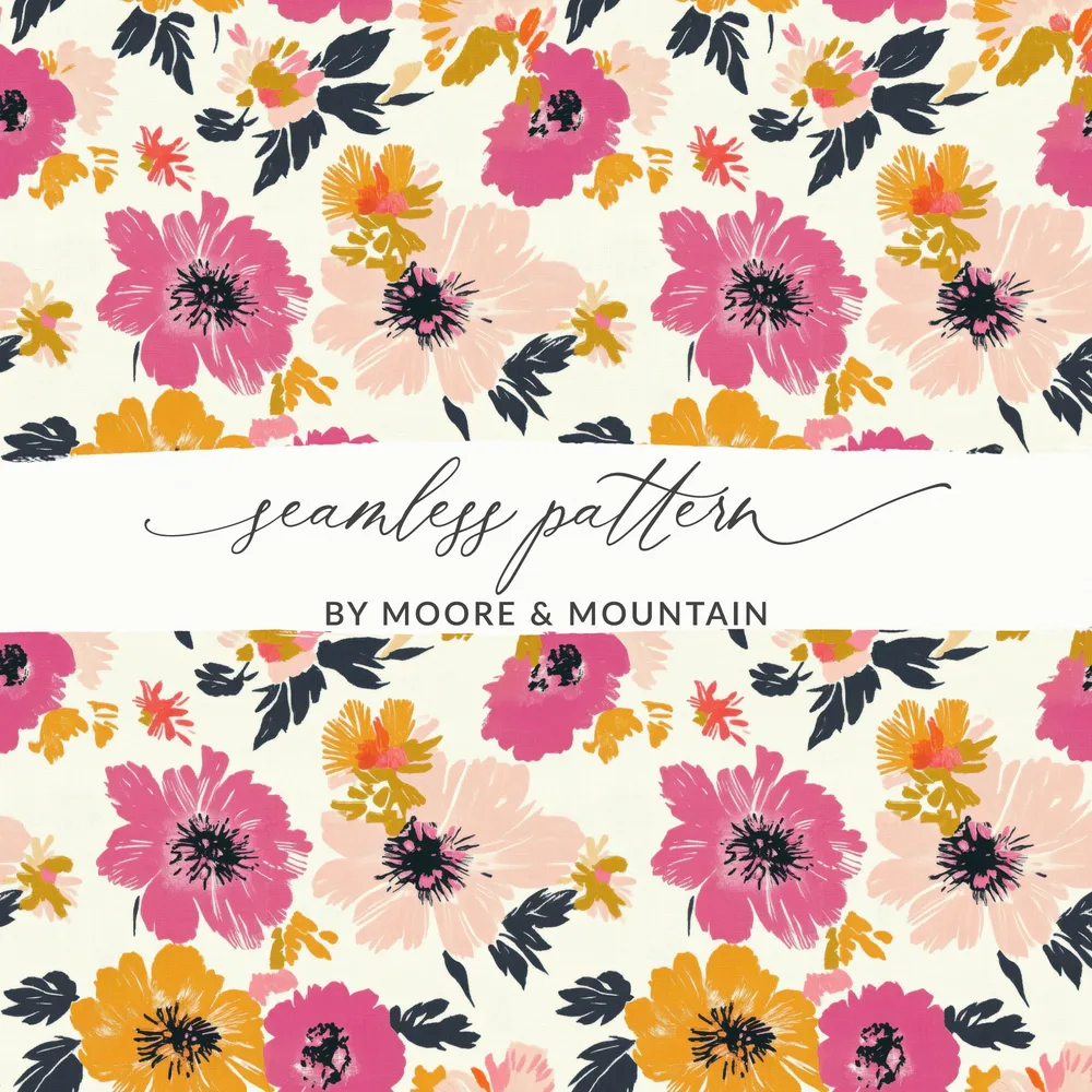 Seamless pattern of pink, yellow, and white floral illustrations on a cream background.