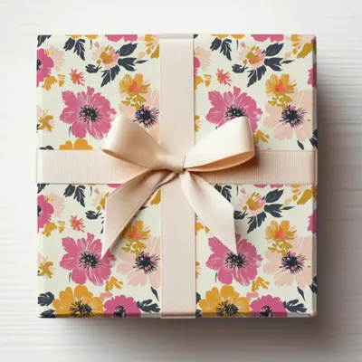 Gift box wrapped in floral paper with a beige ribbon and bow.