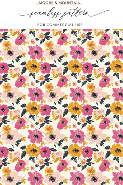 Floral pattern with pink, yellow, and orange flowers on a cream background.