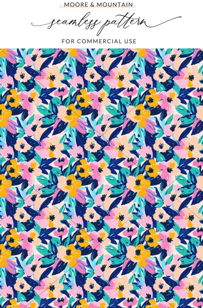 Floral pattern with pink, yellow, and blue flowers and green leaves.