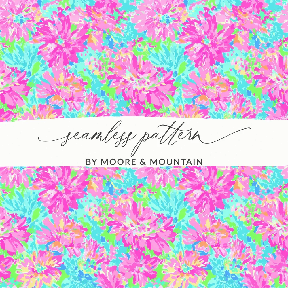 Seamless floral pattern with pink, blue, and yellow flowers and "seamless pattern by Moore & Mountain" text.