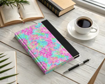Journal with floral pattern, coffee cup, and pen on wooden desk.