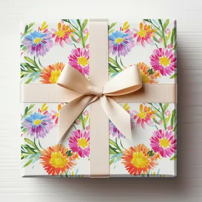Gift box with watercolor floral pattern and pale pink ribbon.