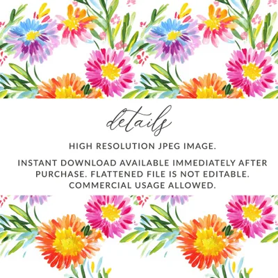 Watercolor floral borders with text about file details.
