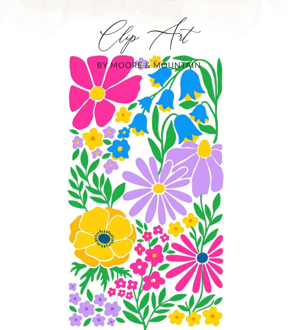 Floral clip art by Moore & Mountain with colorful flowers and leaves.