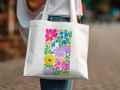 White tote bag with colorful floral bouquet design.