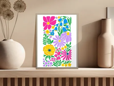 Colorful floral illustration on framed print with Matisse-inspired elements.