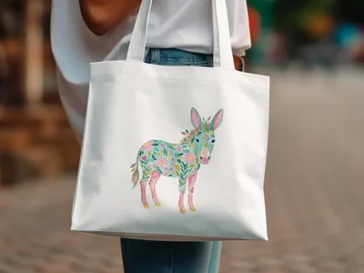 White tote bag with a floral donkey illustration.