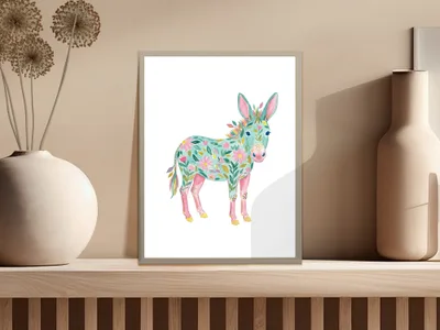 Watercolor painting of a colorful donkey with floral patterns on a shelf.