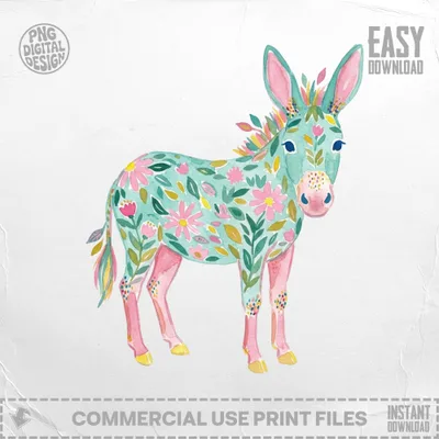 Watercolor donkey illustration with floral pattern and "Easy Download" text.