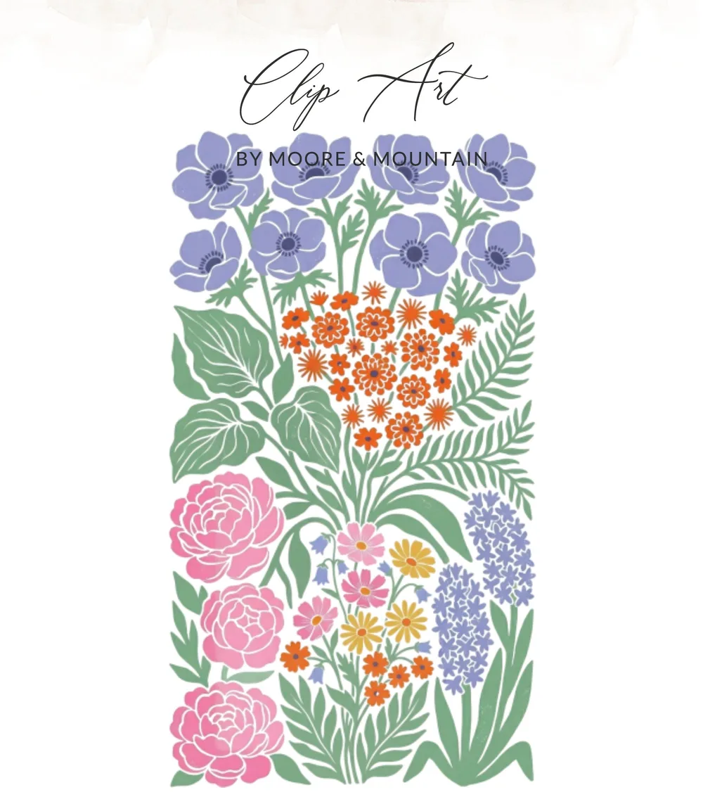 Floral illustration with anemones, roses, and hyacinths, by Moore & Mountain.