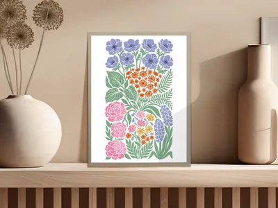 Floral illustration featuring anemones, roses, and foliage in a gray frame.
