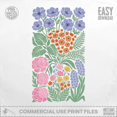 Floral pattern with blue anemones, pink peonies, orange and yellow flowers, and purple hyacinths.