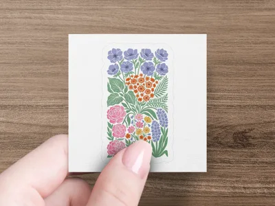 Folk art style floral sticker with purple, pink, and orange flowers.