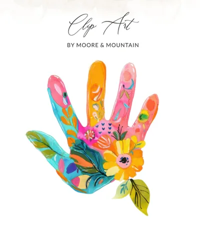 Vibrant Floral Handprint Clipart, Preppy Aesthetic PNG, Colorful Digital Download, Boho Watercolor Hand Art, Commercial Use, Planner Sticker