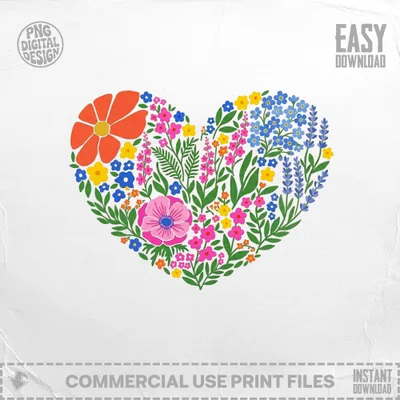 Heart shape made of colorful flowers with "EASY DOWNLOAD" and "COMMERCIAL USE PRINT FILES" text.