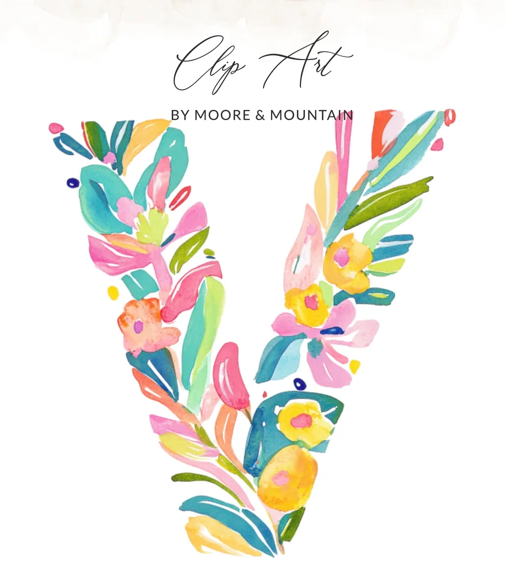 Watercolor floral letter V with text "Clip Art by Moore & Mountain".