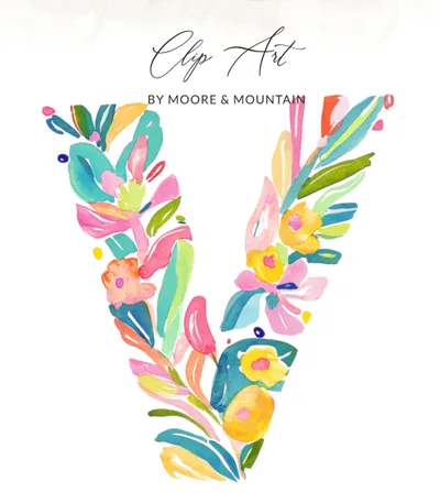 Vibrant Floral Letter V Clipart, Watercolor Preppy Alphabet Digital, Tropical Pastel Initial Art, Hand Painted Design PNG SVG, Commercial