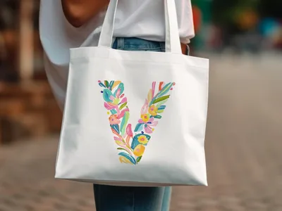 White tote bag with colorful floral letter "V" design.