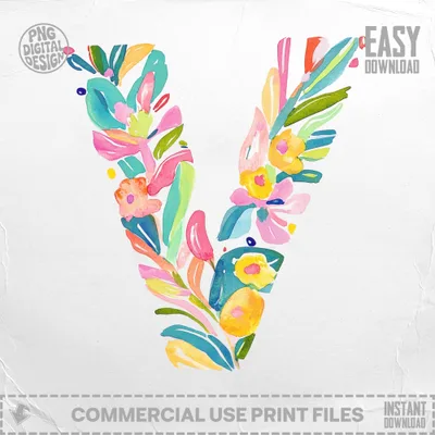 Watercolor letter V with colorful floral and leaf elements.